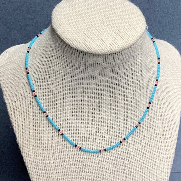 Seed Bead Necklace 15 In Turquoise Black Pink Silver Screw Closure Retro Boho - Picture 1 of 4